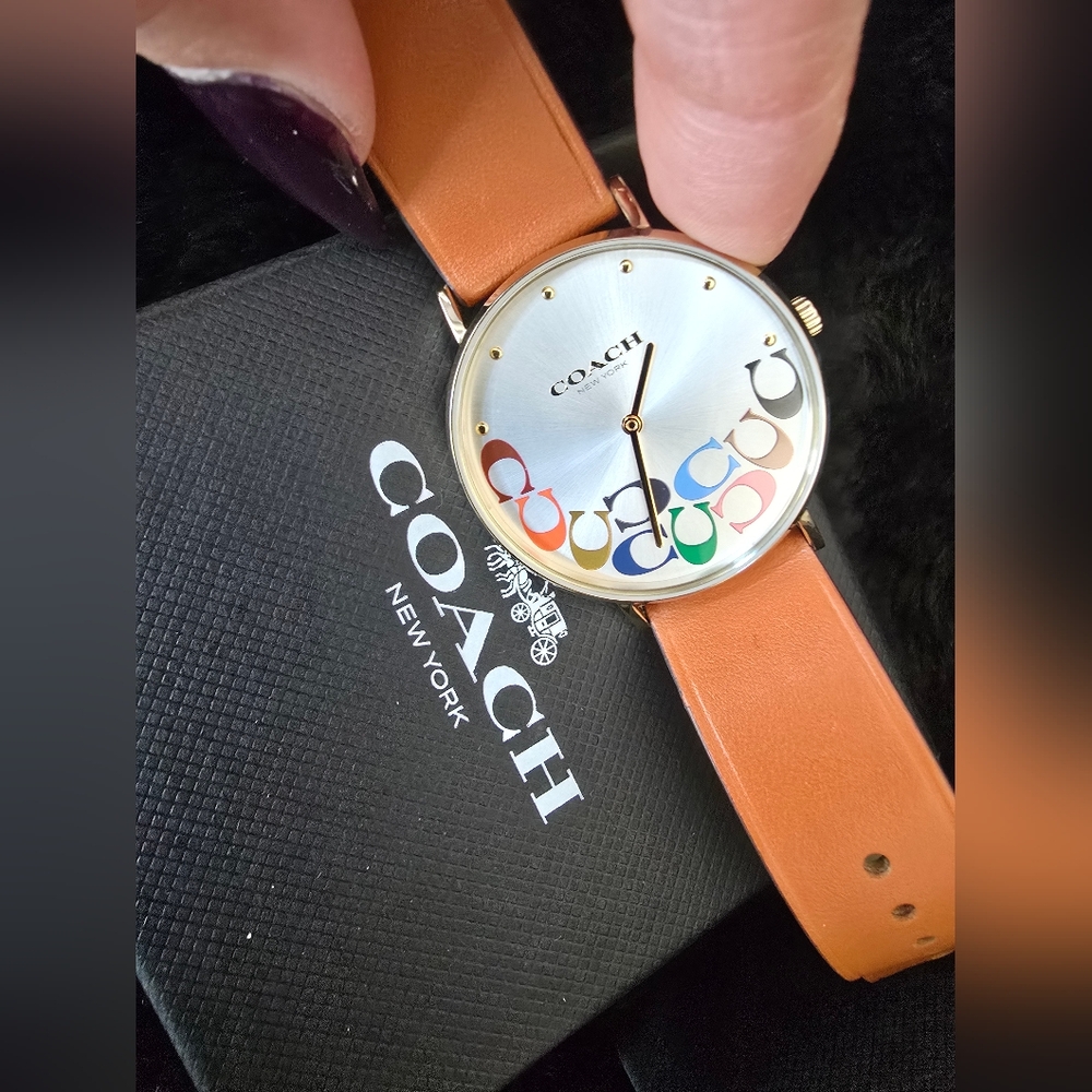 Coach Multicolor Dial Watch with Tan Leather Strap